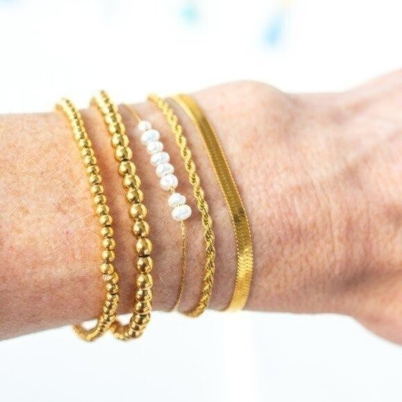 Set of 2! Waterproof Gold bead Bracelets Stretch Bracelets Non-Tarnish Gold - Picture 3 of 16